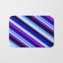 [ Thumbnail: Colorful Blue, Cornflower Blue, Turquoise, Dark Violet, and Black Colored Pattern of Stripes Bath Mat ]