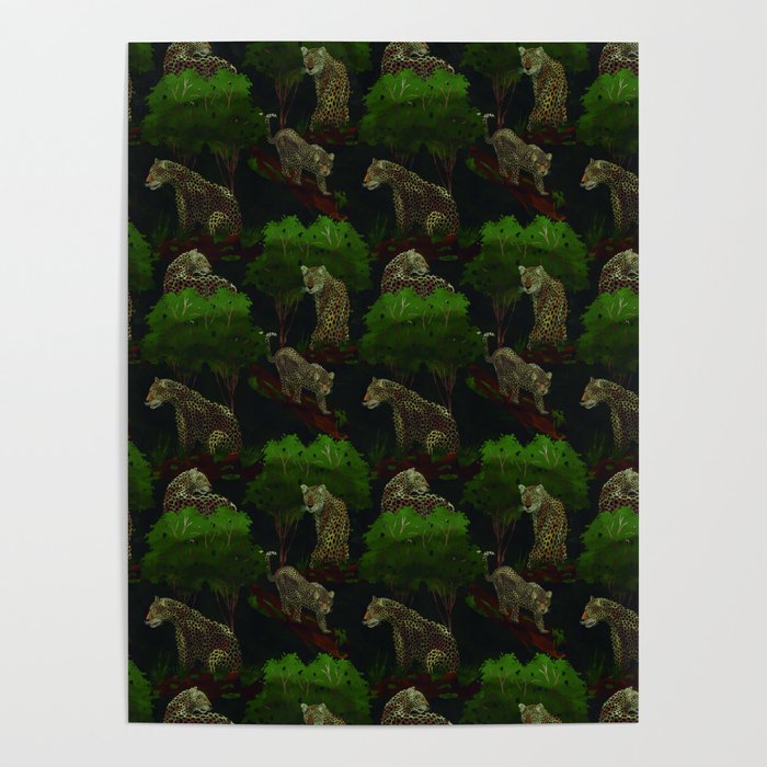 seamless pattern with brown leopards among tropical vegetation Poster
