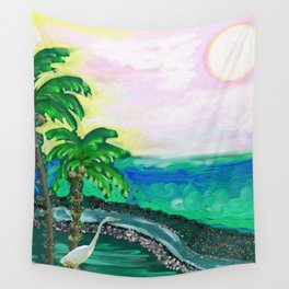 Tropical Ocean View with Egret Wall Tapestry