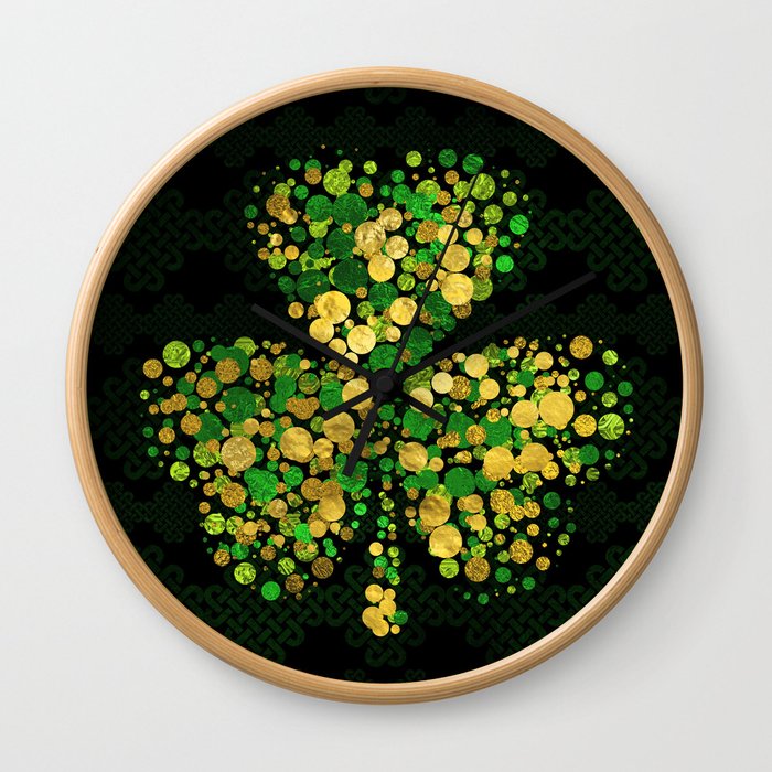Decorative Irish Shamrock -Clover Gold and Green Wall Clock