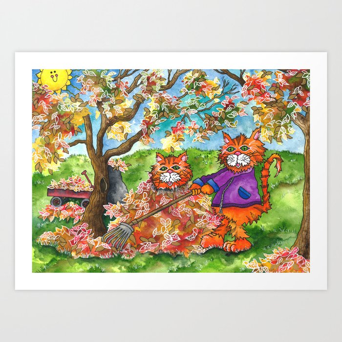 Cats Raking Autumn Leaves Art Print