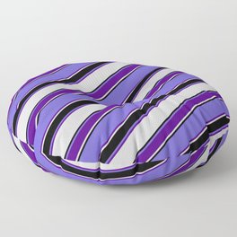 [ Thumbnail: Slate Blue, Indigo, Light Grey, and Black Colored Lined Pattern Floor Pillow ]