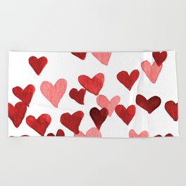Valentine's Day Watercolor Hearts - red Beach Towel