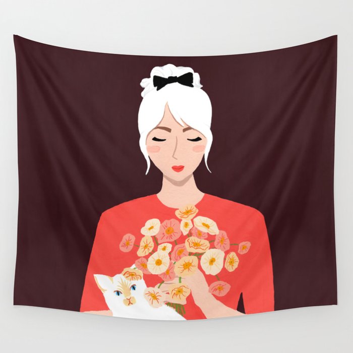 A Girl, a Cat, and Flowers Wall Tapestry