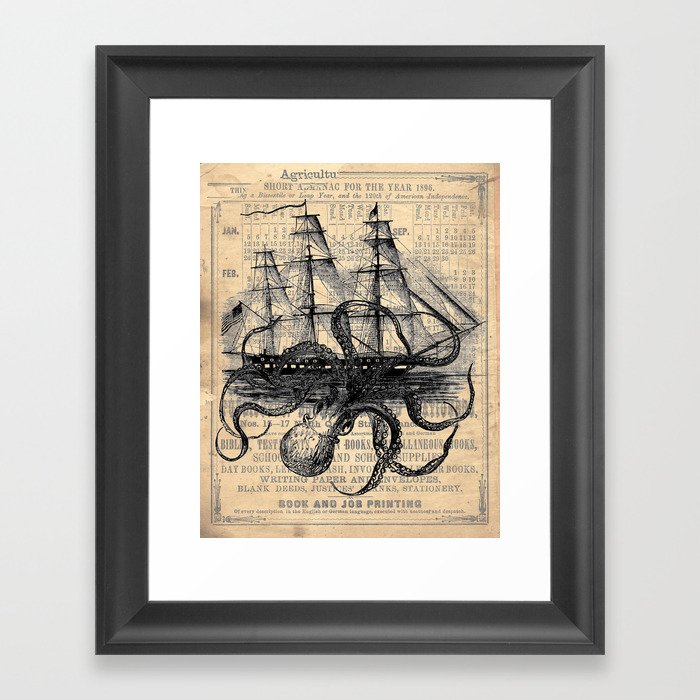 Octopus Kraken attacking Ship Antique Almanac Paper Framed Art Print