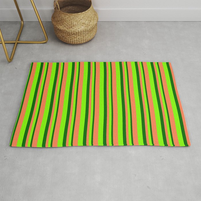Dark Green, Chartreuse & Coral Colored Lined/Striped Pattern Rug