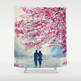 Couple of lovers under an umbrella, Paris, Eiffel Tower. Romantic oil painting on canvas, modern art Shower Curtain