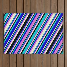 [ Thumbnail: Eye-catching Dark Turquoise, Blue, Orchid, Beige, and Black Colored Stripes Pattern Outdoor Rug ]
