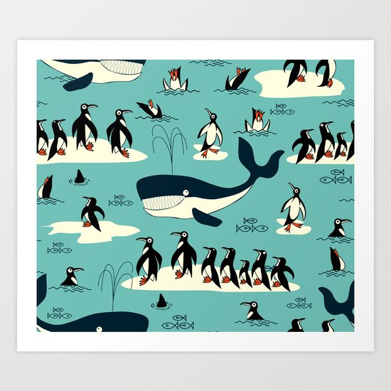 Whales and penguins Art Print