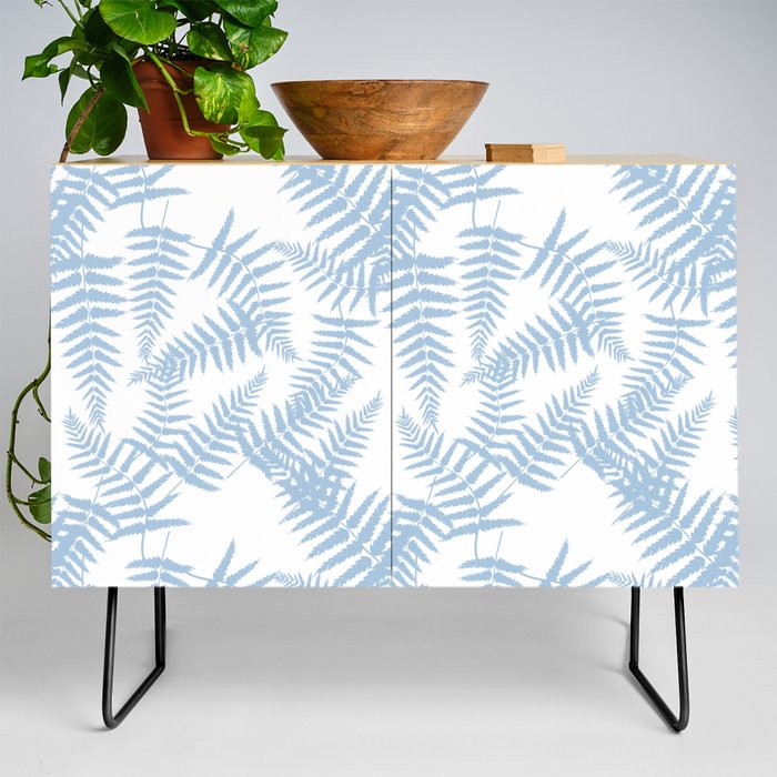 Pale Blue Silhouette Fern Leaves Pattern Credenza