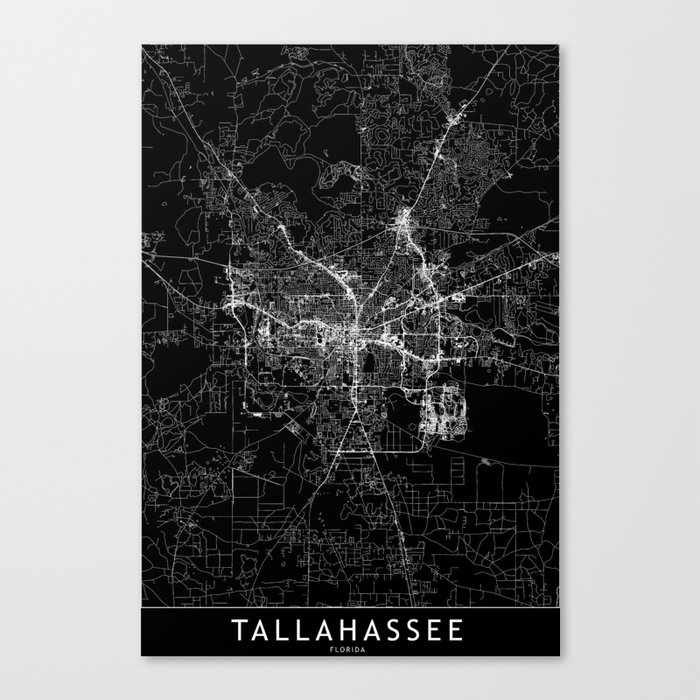 Tallahassee Black Map Canvas Print