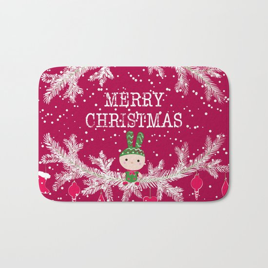 Christmas. Crimson background. Bath Mat