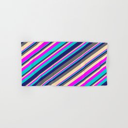 [ Thumbnail: Midnight Blue, Dim Gray, Beige, Fuchsia, and Dark Turquoise Colored Lines/Stripes Pattern Hand & Bath Towel ]