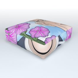 Anthony Fauci portrait with mallow flowers Outdoor Floor Cushion