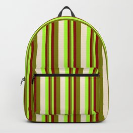 [ Thumbnail: Light Green, Dark Red, Green, and Beige Colored Lines Pattern Backpack ]
