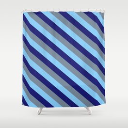 [ Thumbnail: Midnight Blue, Light Slate Gray & Light Sky Blue Colored Striped Pattern Shower Curtain ]