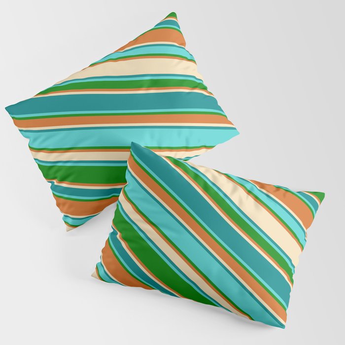 Colorful Tan, Teal, Turquoise, Green, and Chocolate Colored Lines Pattern Pillow Sham