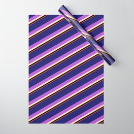 [ Thumbnail: Vibrant Midnight Blue, Orchid, Beige, Black, and Red Colored Striped/Lined Pattern Wrapping Paper ]