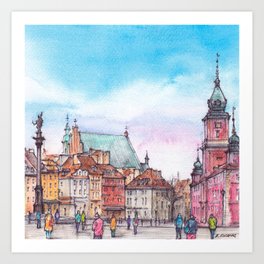 Castle Square in Warsaw, Poland - ink & watercolor illustration Art Print