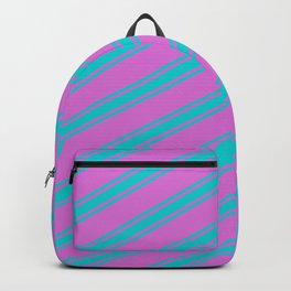 [ Thumbnail: Orchid & Dark Turquoise Colored Lined/Striped Pattern Backpack ]