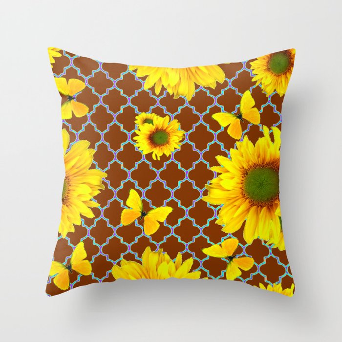 Coffee Brown Patterned Yellow Butterflies Sunflower Design Throw Pillow