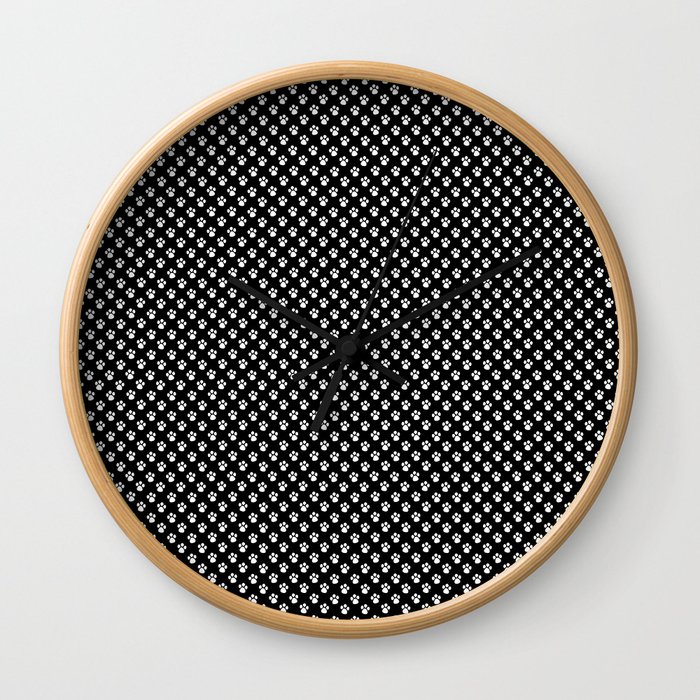 Tiny Paw Prints White on Black Pattern Wall Clock