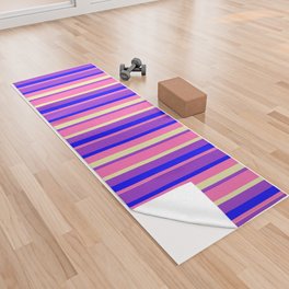[ Thumbnail: Hot Pink, Pale Goldenrod, Dark Orchid & Blue Colored Stripes Pattern Yoga Towel ]