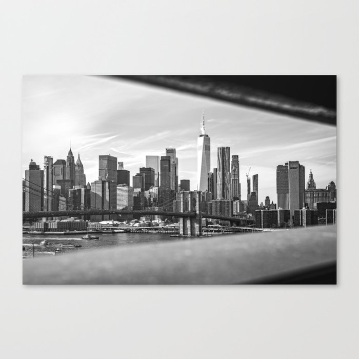 New York City Skyline | Views From the Bridge | Black and White Travel Photography Canvas Print