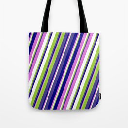 [ Thumbnail: Colorful Green, Dark Slate Blue, Blue, Orchid, and White Colored Stripes Pattern Tote Bag ]