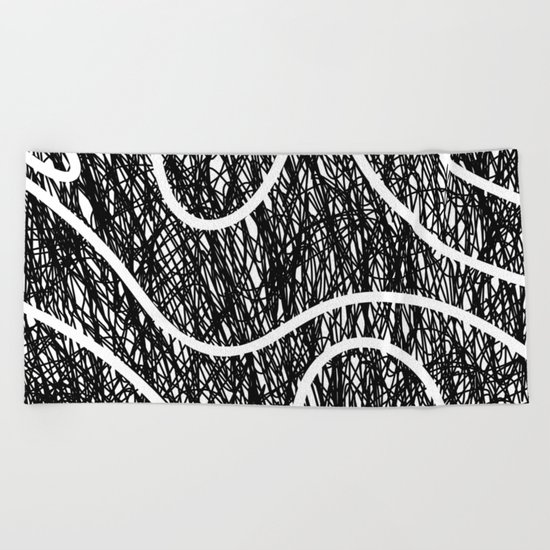 Scribble Ripples - Abstract Black and White Ink Scribble Pattern Beach Towel