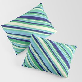 [ Thumbnail: Eyecatching Aquamarine, Sky Blue, Midnight Blue, Sea Green & Beige Colored Striped/Lined Pattern Pillow Sham ]