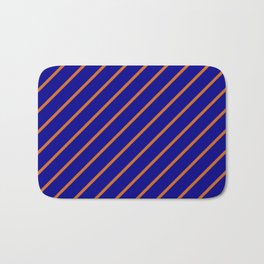 [ Thumbnail: Chocolate & Dark Blue Colored Pattern of Stripes Bath Mat ]