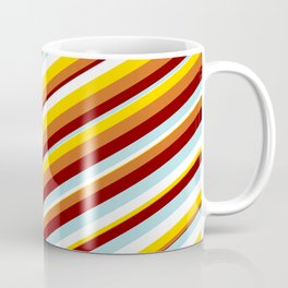 [ Thumbnail: Vibrant Powder Blue, White, Yellow, Chocolate, and Maroon Colored Lines Pattern Coffee Mug ]
