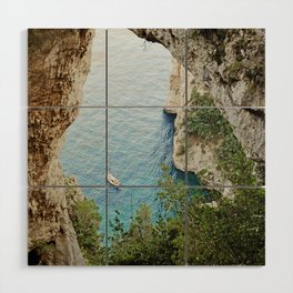 Natural Arch, Capri, Italy | Sailing boat on the sea by the rocky cliffs | Italian Natural Hotspot Wood Wall Art