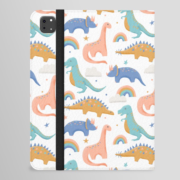 Dinosaurs + Rainbows in Blush Pink + Gold + Blue iPad Folio Case