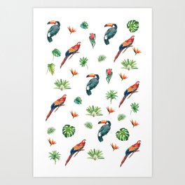 Tropical Bird Print on White Art Print | Showercurtains, Hats, Pillows, Dufflebags, Dresses, Mugs, Socks, Collage, Tropical, Comforters 
