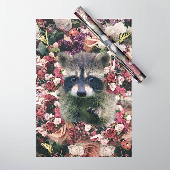 Cute Floral Raccoon Flower Wrapping Paper by Random Galaxy