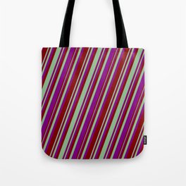 [ Thumbnail: Dark Sea Green, Purple, and Maroon Colored Striped/Lined Pattern Tote Bag ]