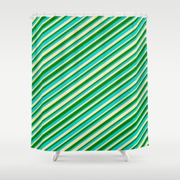[ Thumbnail: Dark Turquoise, Beige, and Green Colored Striped/Lined Pattern Shower Curtain ]