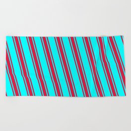 [ Thumbnail: Cyan & Crimson Colored Stripes Pattern Beach Towel ]