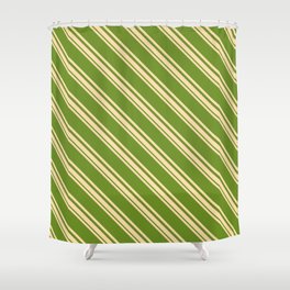 [ Thumbnail: Tan and Green Colored Striped/Lined Pattern Shower Curtain ]