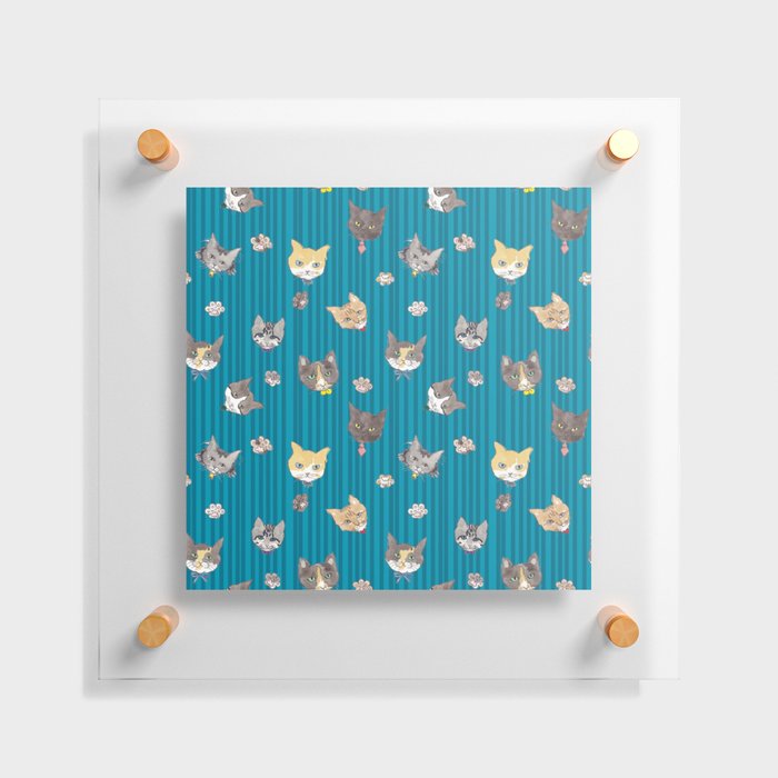 Cats with Paws Pattern/Hand-drawn in Watercolour/Blue Stripe Background Floating Acrylic Print