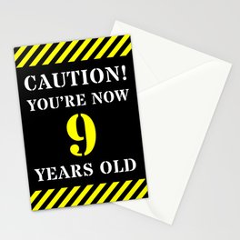 [ Thumbnail: 9th Birthday - Warning Stripes and Stencil Style Text Stationery Cards ]