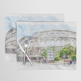 Aquarelle sketch art. The Pula Arena the amphitheatre located in Pula, Croatia Placemat