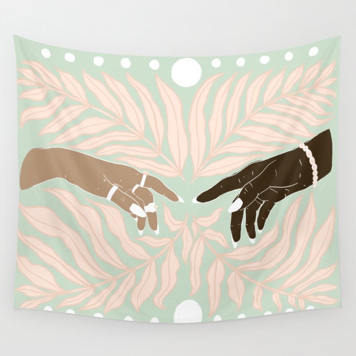 Peaceful Green & Pink Leaves with Hands Illustration Wall Tapestry