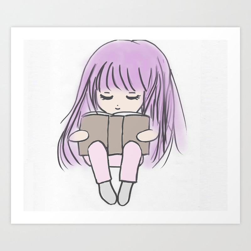 Cute Girl Reading Art Print By Mewspeak Society6,Cute Wallpaper Food Cartoon Images