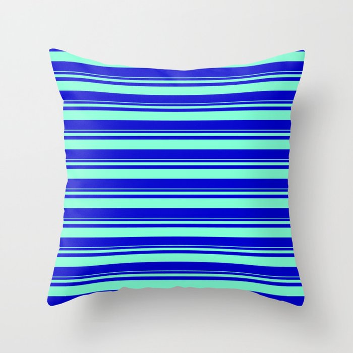 Aquamarine and Blue Colored Striped Pattern Throw Pillow