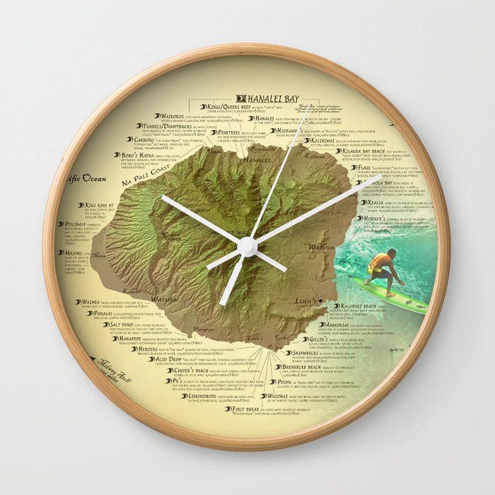Kauai Surf Break Map Wall Clock