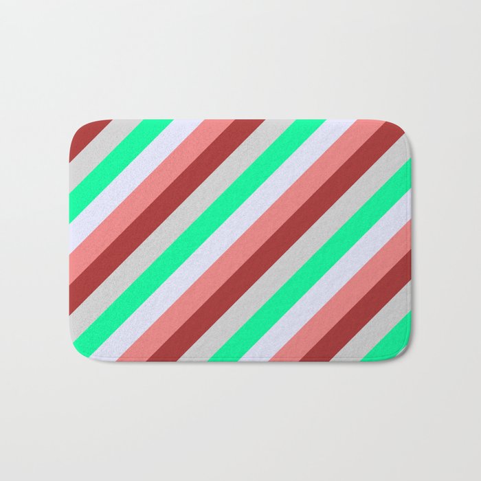 Vibrant Light Grey, Green, Lavender, Light Coral, and Brown Colored Lines Pattern Bath Mat