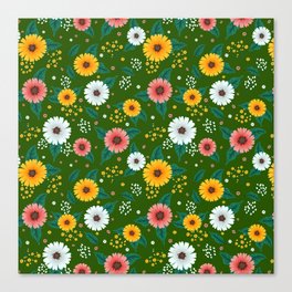 Colorful Spring Flowers Pattern in Green Background Canvas Print